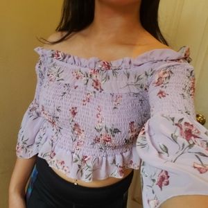 Off the shoulder Floral shirred cropped top